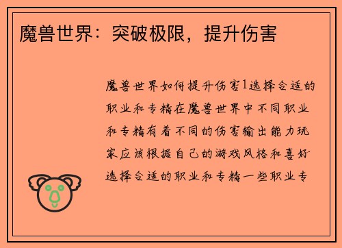 魔兽世界：突破极限，提升伤害